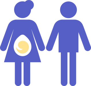 Blaues Icon eines Paares, bestehend aus einer Frau und einem Mann, die Händchen halten; im Bauchbereich der Frau befindet sich ein weiß-gelbes Tropfen-Symbol